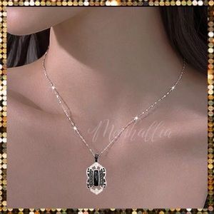 Silver Victorian simulated diamond marcasite onyx medallion pendant necklace